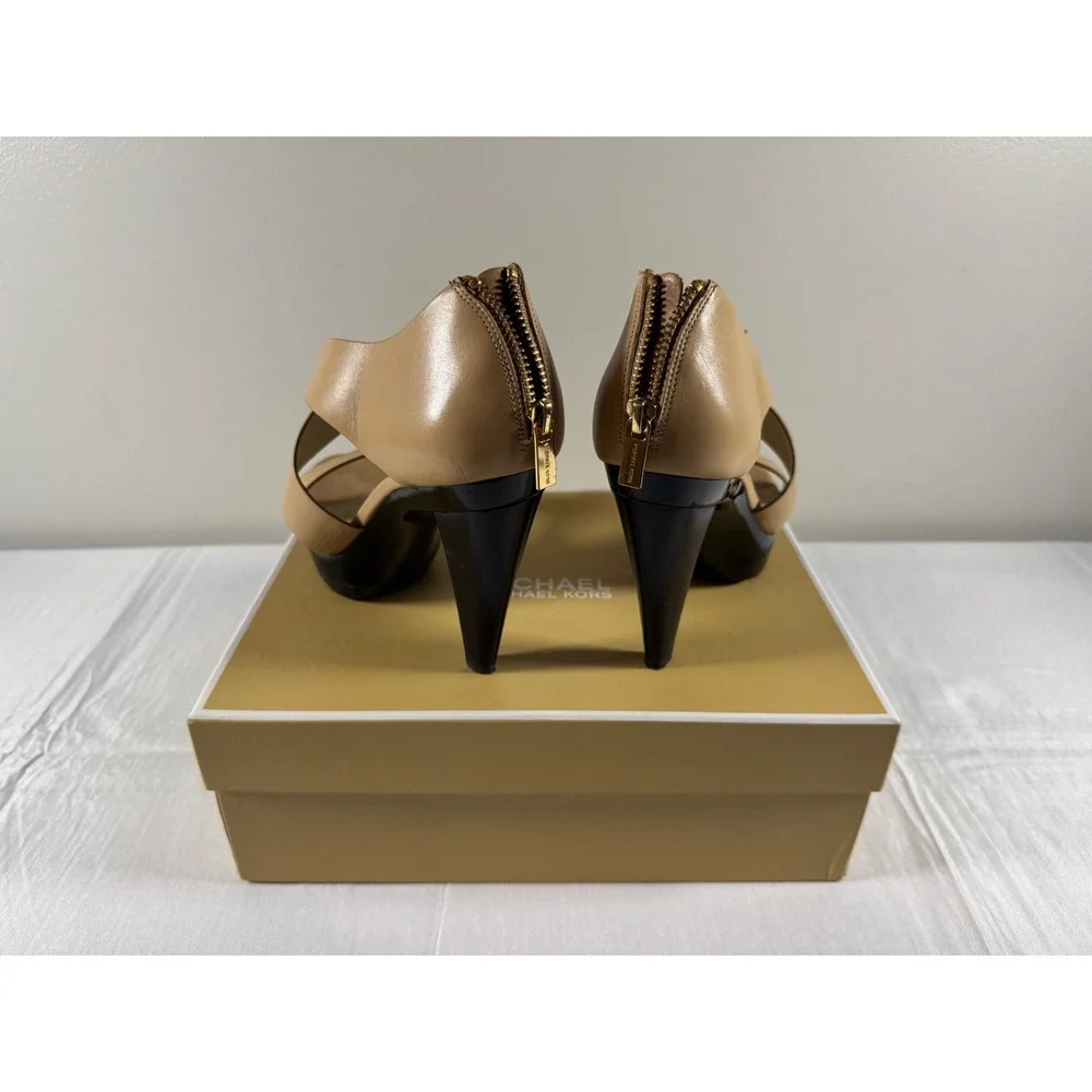 Michael Kors Elena Platform Nude Leather Crisscross Sandal Heels 40S5ELHS3L 7.5M